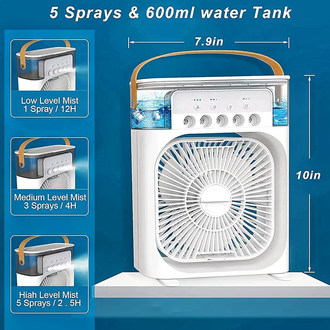 Mini Air Cooler with 7 colour LED light and 3 wind speed 5 spray for extra cool mist air