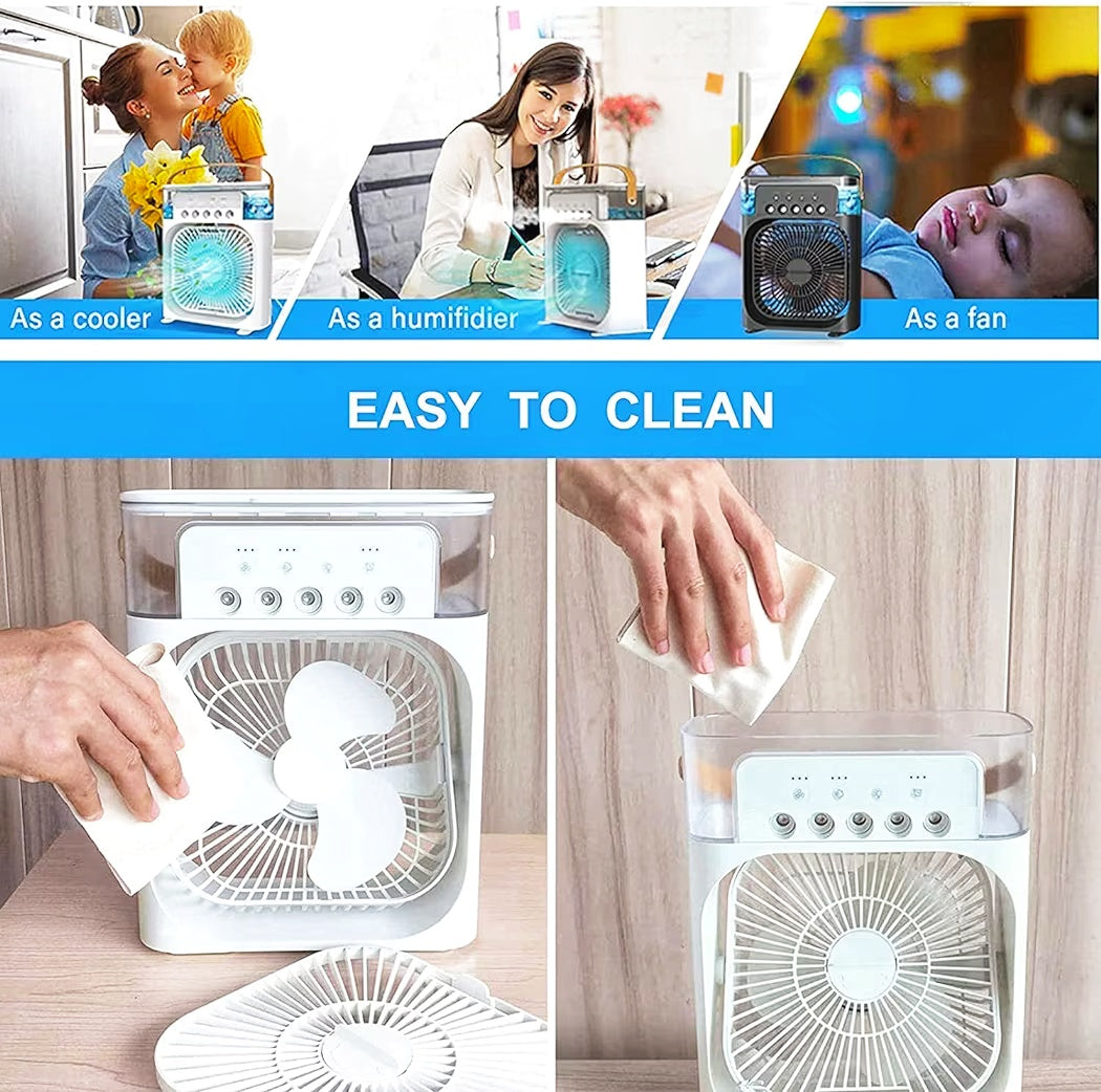 Mini Air Cooler with 7 colour LED light and 3 wind speed 5 spray for extra cool mist air