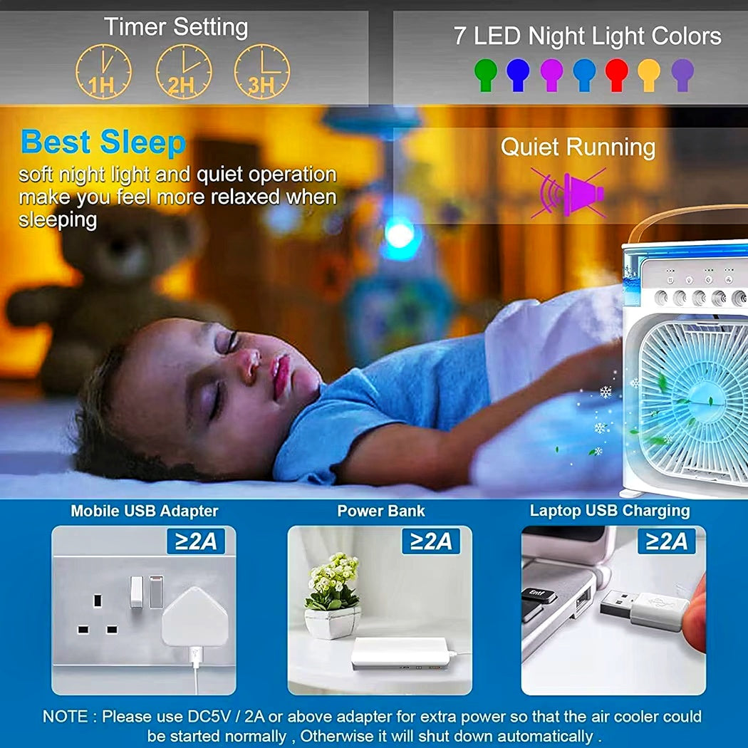 Mini Air Cooler with 7 colour LED light and 3 wind speed 5 spray for extra cool mist air