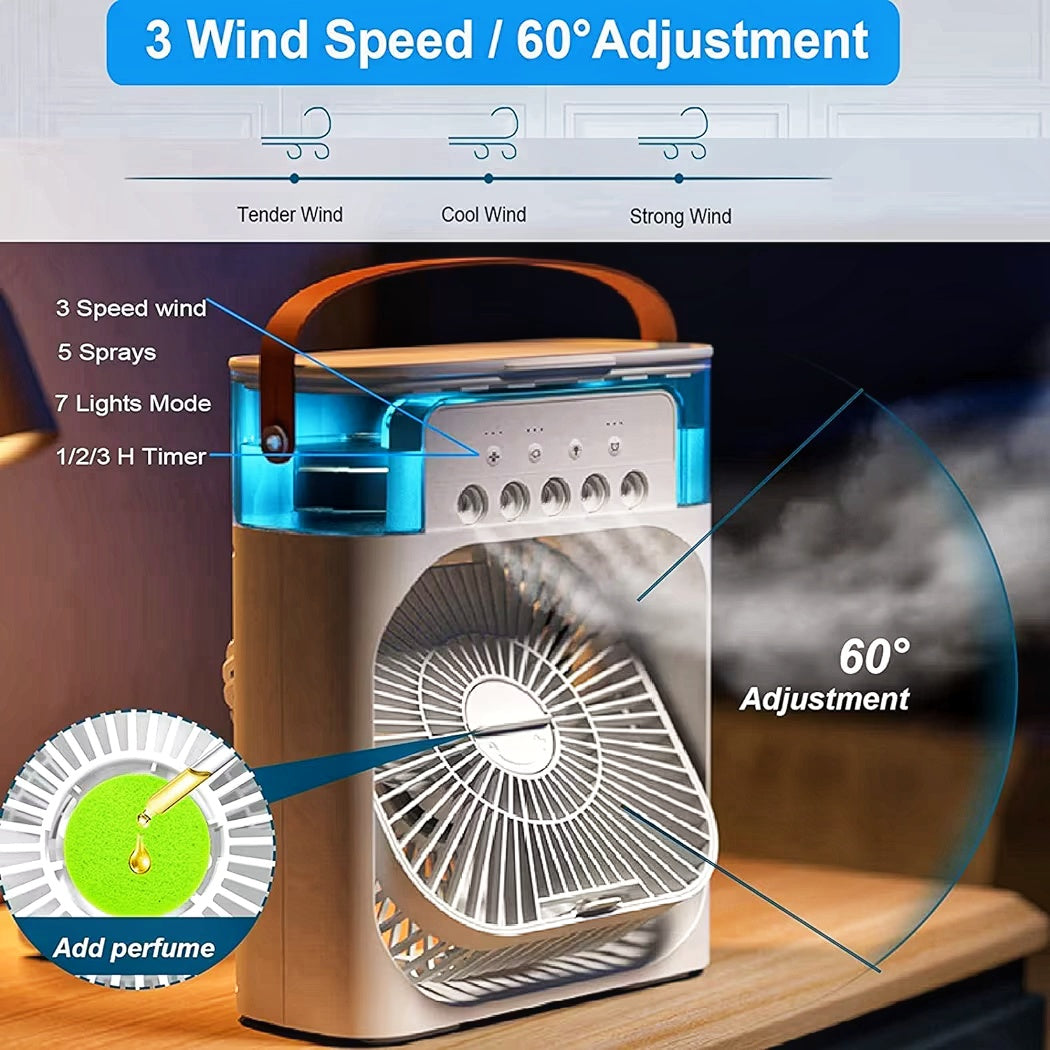 Mini Air Cooler with 7 colour LED light and 3 wind speed 5 spray for extra cool mist air