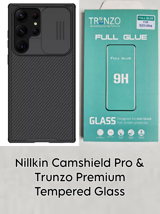 Nillkin Camshield Pro Back Case and Trunzo Full Glue Premium Tempered Glass for Samsung Galaxy S23 Ultra - Combo 1