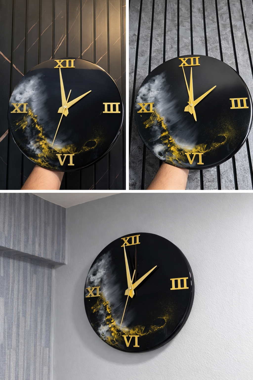 Luxury Handmade Resin Wall Clock – Black & Gold Modern Designer Silent Wall Clock for Living Room Home Décor
