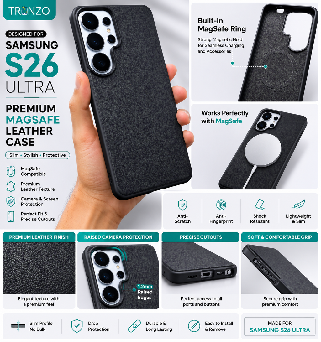 Samsung Galaxy S26 Ultra Premium Magnetic Leather Case | MagSafe Compatible Shockproof Slim Back Cover | Soft Microfiber Interior