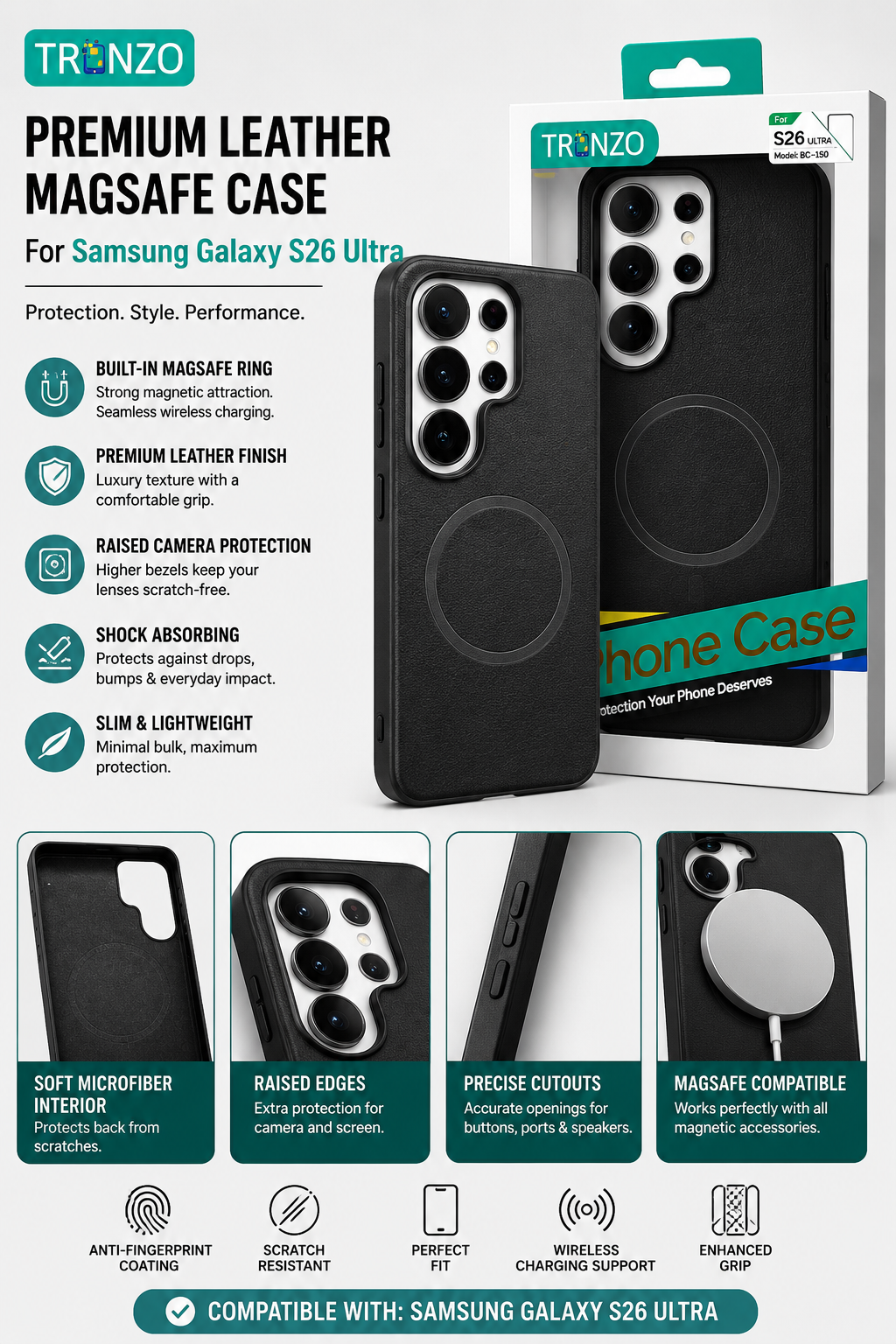 Samsung Galaxy S26 Ultra Premium Magnetic Leather Case | MagSafe Compatible Shockproof Slim Back Cover | Soft Microfiber Interior